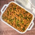 Vegan chicken broccoli rice casserole on a table.