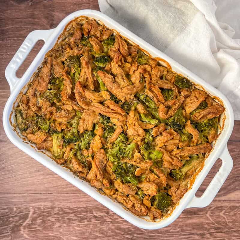 Vegan chicken broccoli rice casserole on a table.