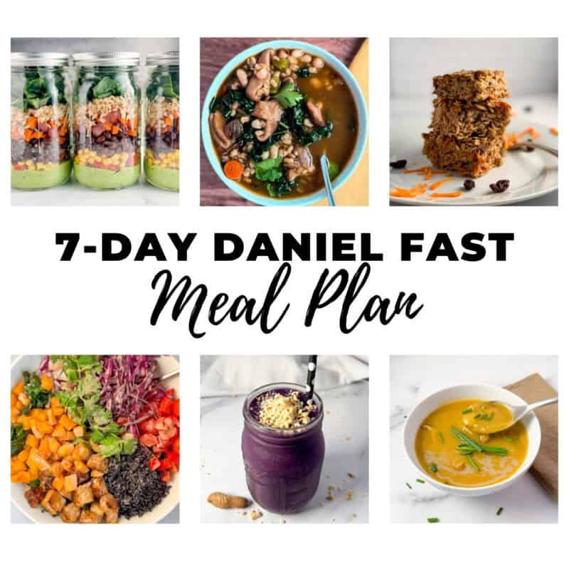 7 Day Daniel Fast Meal Plan graphic with six food photos.