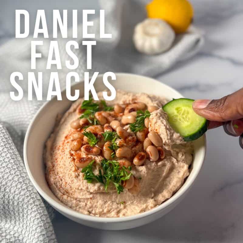 Daniel Fast snacks graphic with black eye pea hummus.