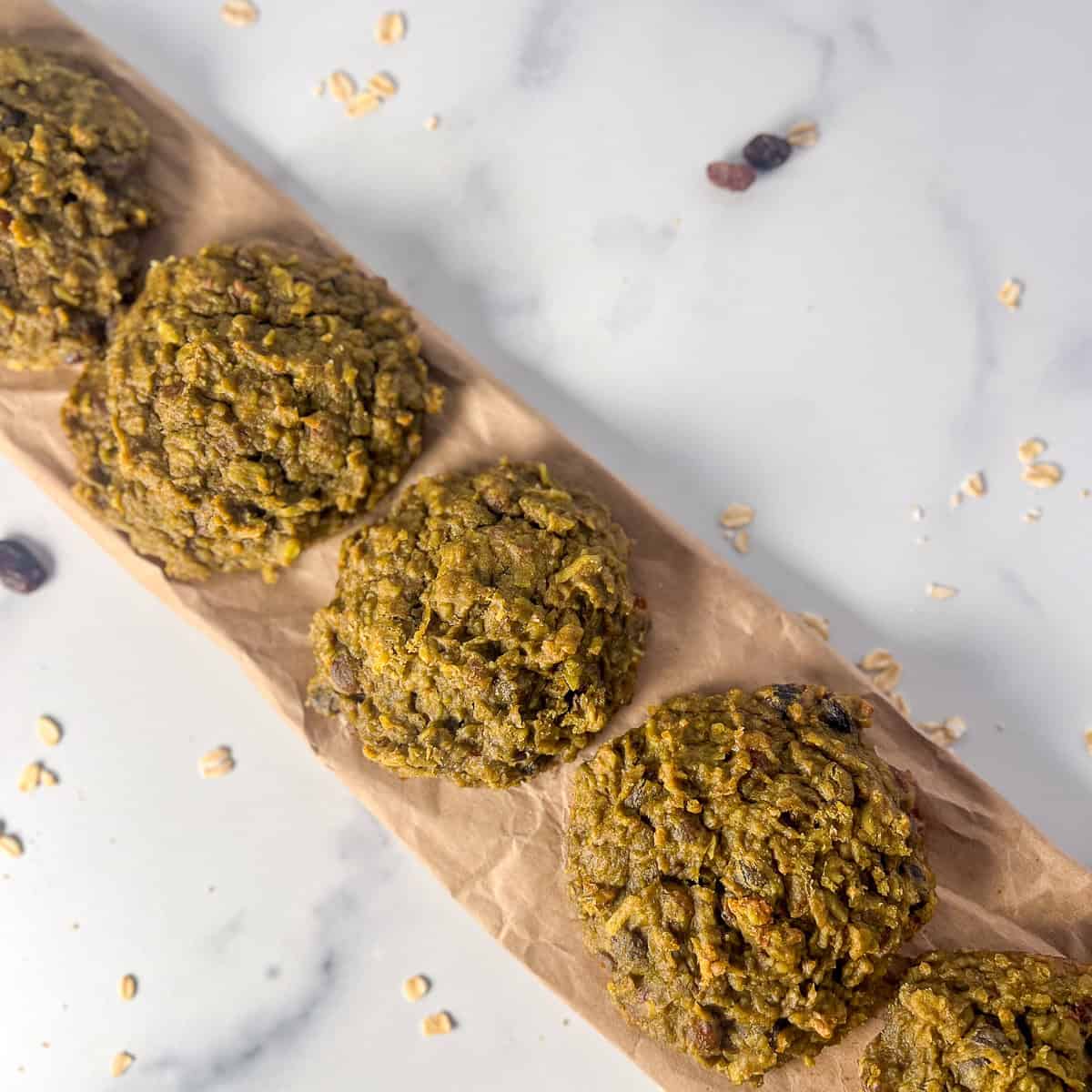 A line of matcha oatmeal cookies.
