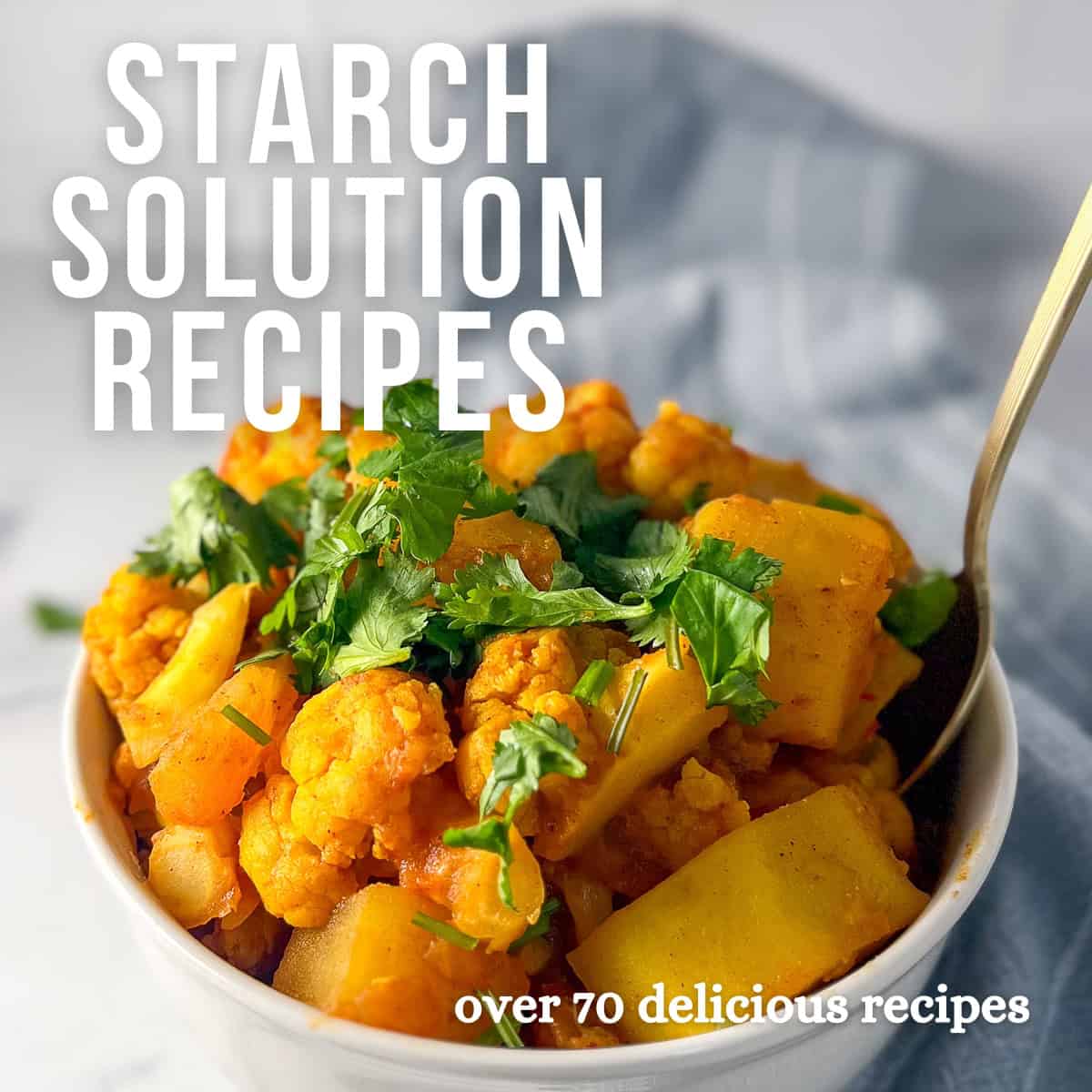 Graphic for starch solution recipes round up with a bowl of aloo gobi.