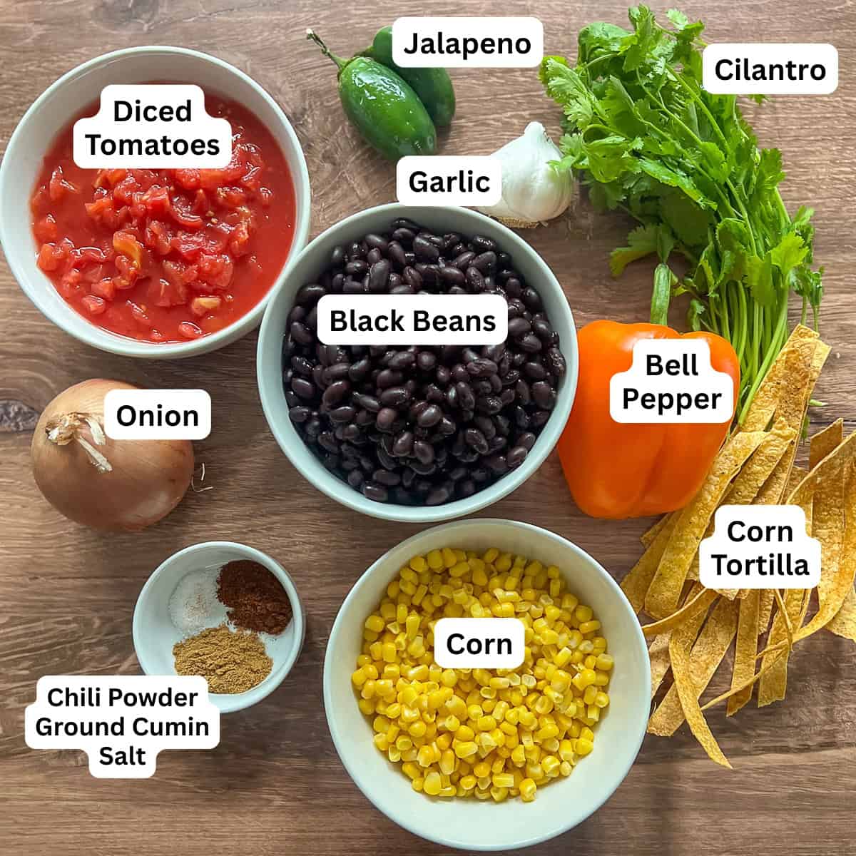Ingredients for black bean tortilla soup: diced tomatoes, black beans, bell pepper, corn tortillas, corn, onion, cilantro, garlic, and spices.