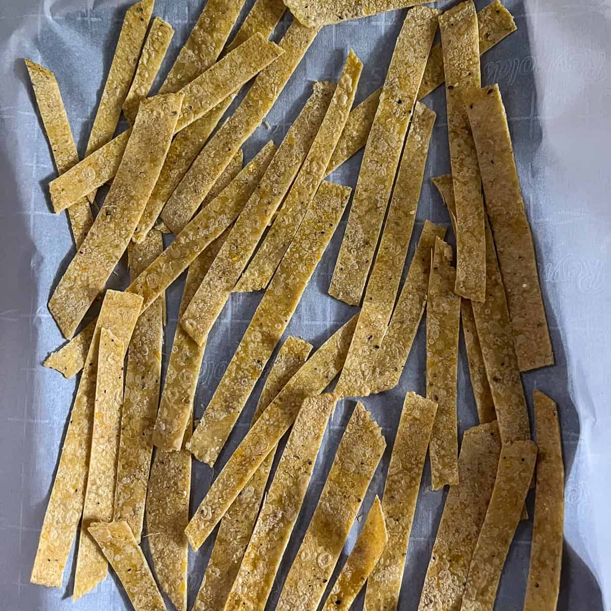 Corn tortilla strips spread out on a parchment-lined baking sheet.