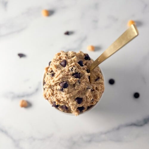 Vegan cookie dough in a bowl with a spoon.