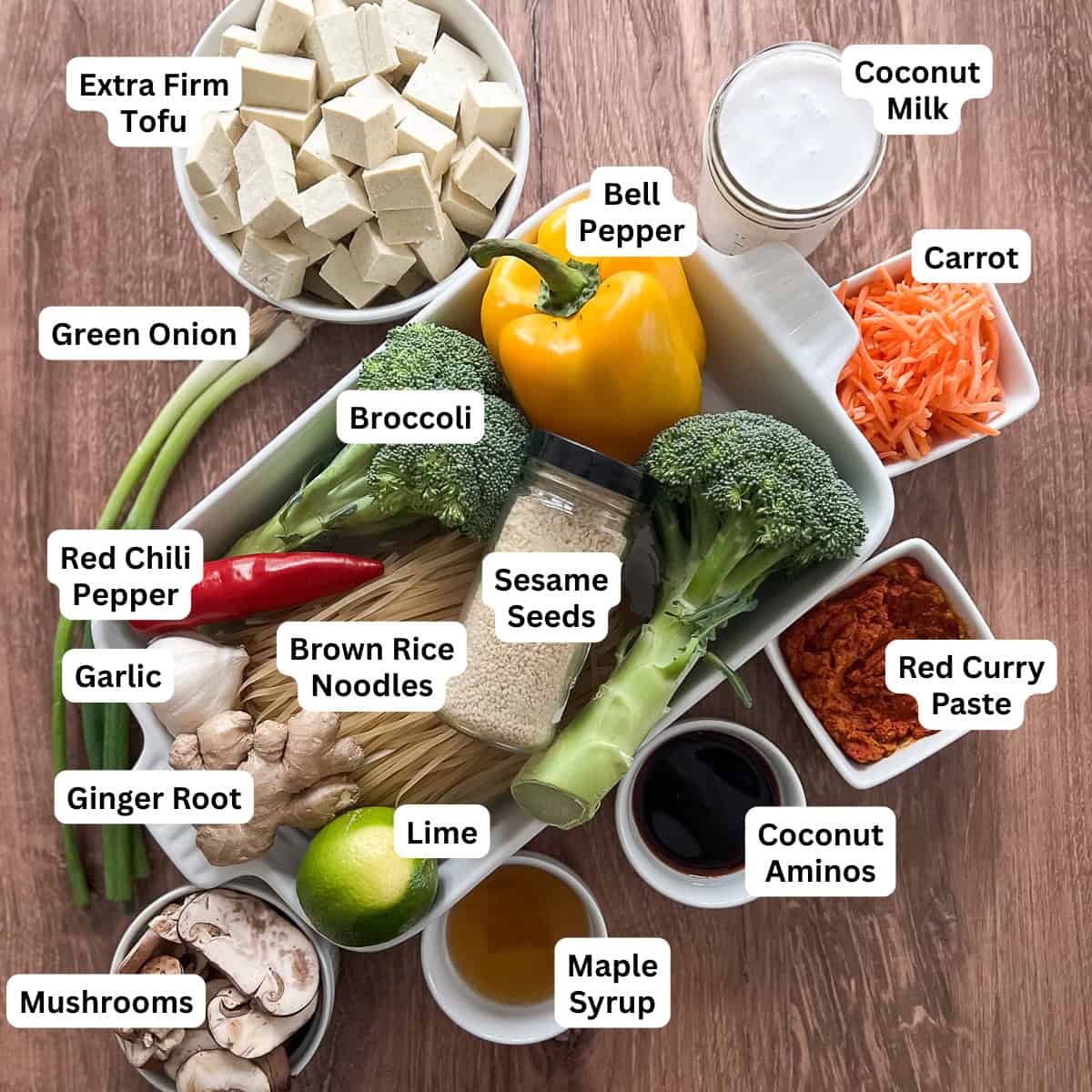 Ingredients for the one pan baked Asian noodles dish.