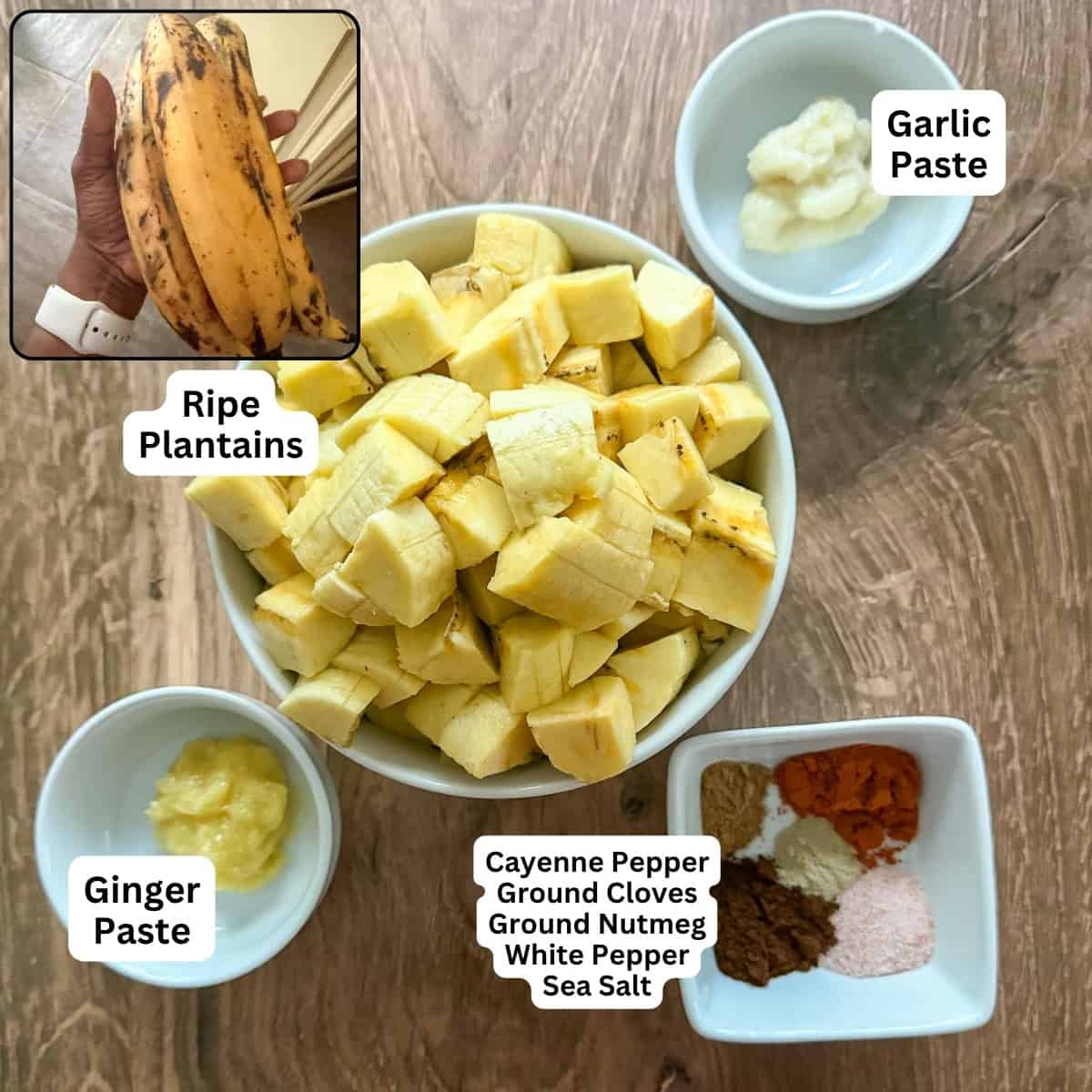 Ingredients for kelewele: ripe plantains, ginger paste, garlic paste, and spices.