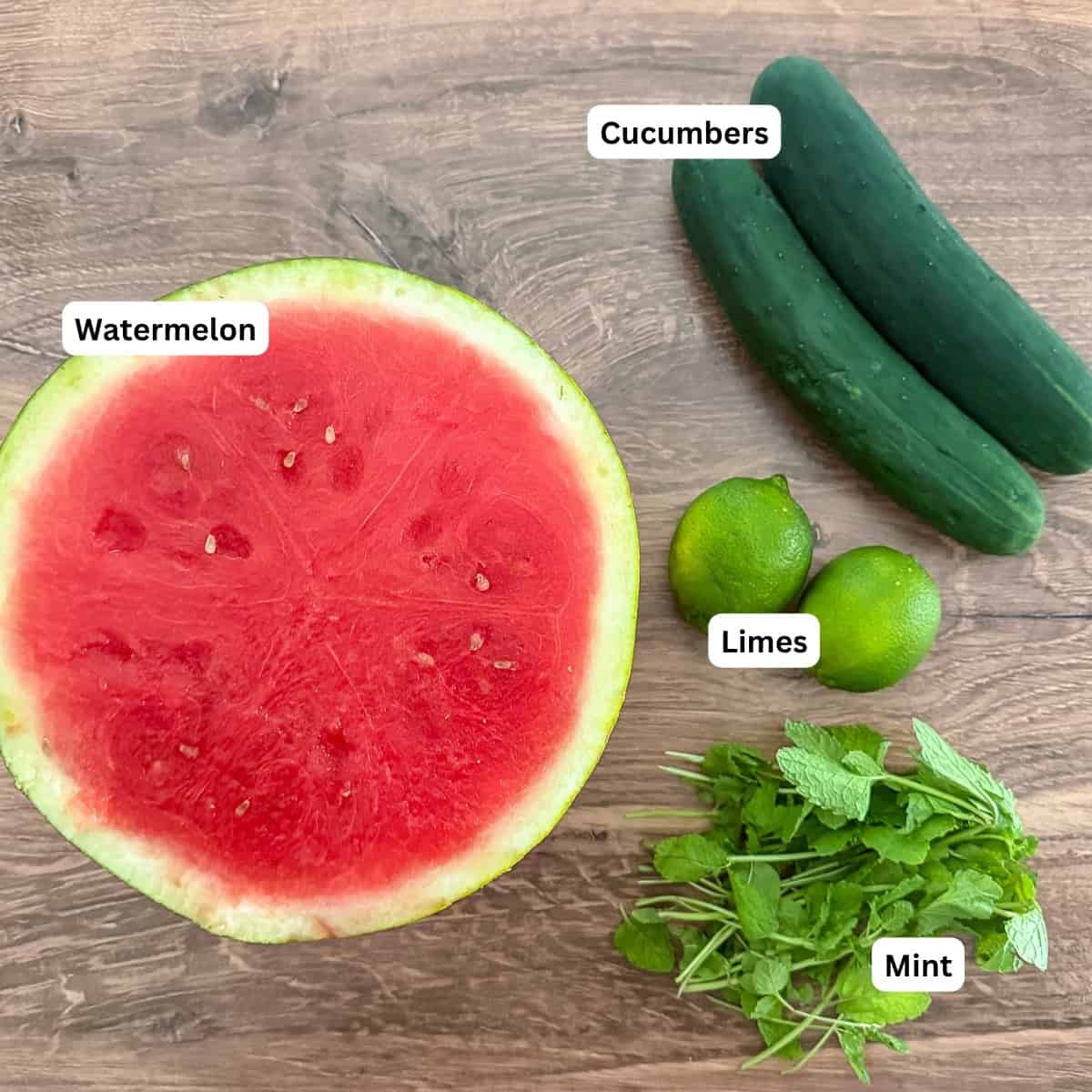Watermelon, cucumbers, limes, and fresh mint.