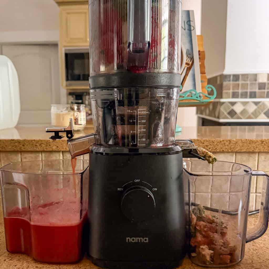 Watermelon cucumber lime and mint being juiced in a juicer.